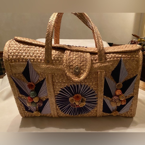 Vintage Mexico Hand Woven Straw Raffia Wicker Beach Tote Market Bag Purse Summer - Picture 2 of 6